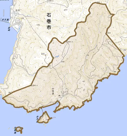 小竹浜とその周辺の地図。町の範囲を重ねている