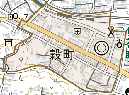 穀町とその周辺の地図。町の範囲を重ねている