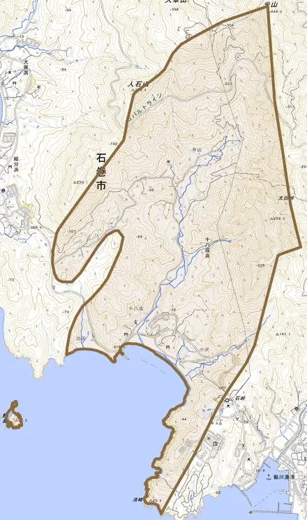 十八成浜とその周辺の地図。町の範囲を重ねている