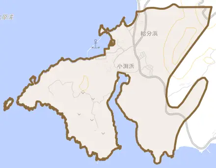 給分浜とその周辺の地図。町の範囲を重ねている