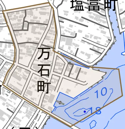 万石町とその周辺の地図。町の範囲を重ねている