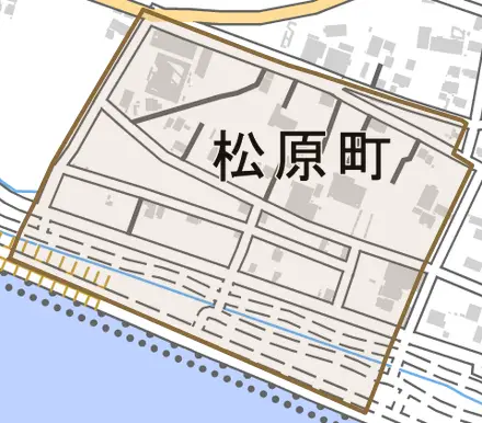 松原町とその周辺の地図。町の範囲を重ねている
