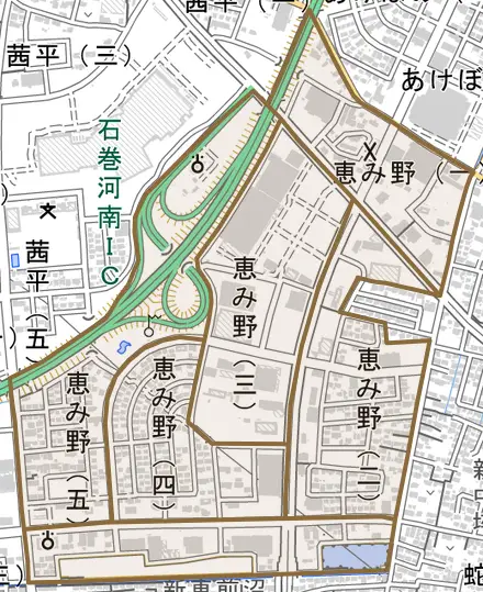 恵み野とその周辺の地図。町の範囲を重ねている