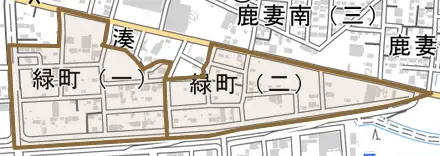 緑町とその周辺の地図。町の範囲を重ねている