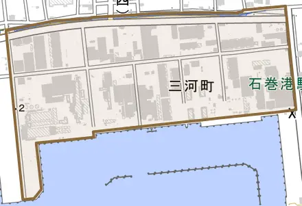 三河町とその周辺の地図。町の範囲を重ねている