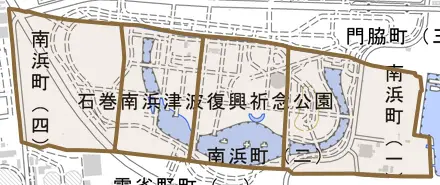 南浜町とその周辺の地図。町の範囲を重ねている