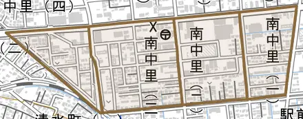 南中里とその周辺の地図。町の範囲を重ねている