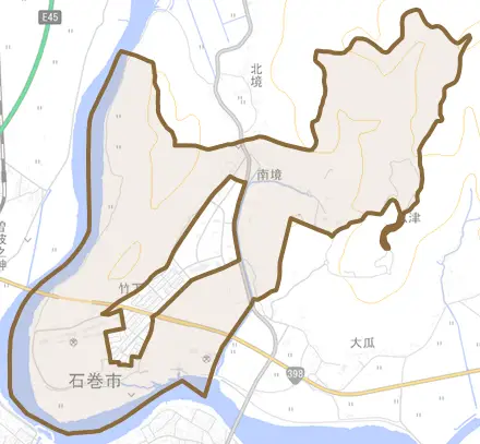 南境とその周辺の地図。町の範囲を重ねている