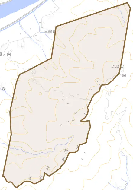 三輪田とその周辺の地図。町の範囲を重ねている