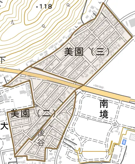美園とその周辺の地図。町の範囲を重ねている