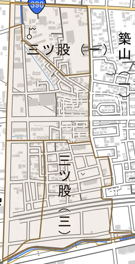三ツ股とその周辺の地図。町の範囲を重ねている
