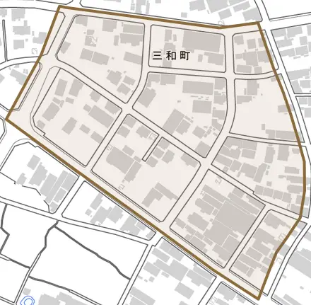 三和町とその周辺の地図。町の範囲を重ねている