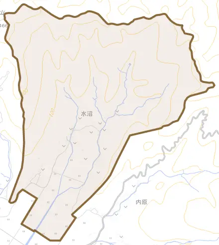 水沼とその周辺の地図。町の範囲を重ねている