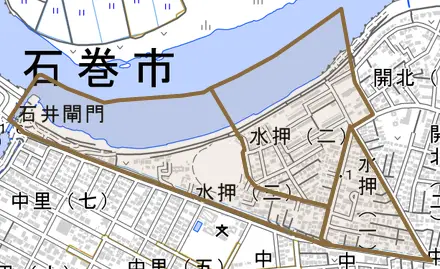 水押とその周辺の地図。町の範囲を重ねている