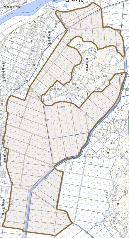 桃生町城内とその周辺の地図。町の範囲を重ねている