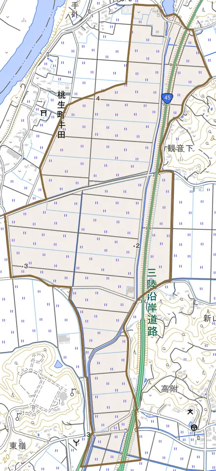 桃生町牛田とその周辺の地図。町の範囲を重ねている