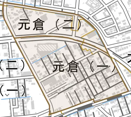 元倉とその周辺の地図。町の範囲を重ねている