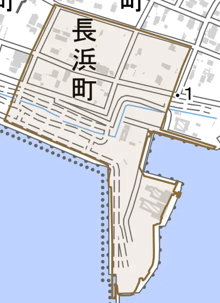 長浜町とその周辺の地図。町の範囲を重ねている
