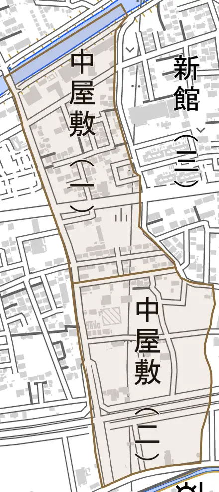中屋敷とその周辺の地図。町の範囲を重ねている