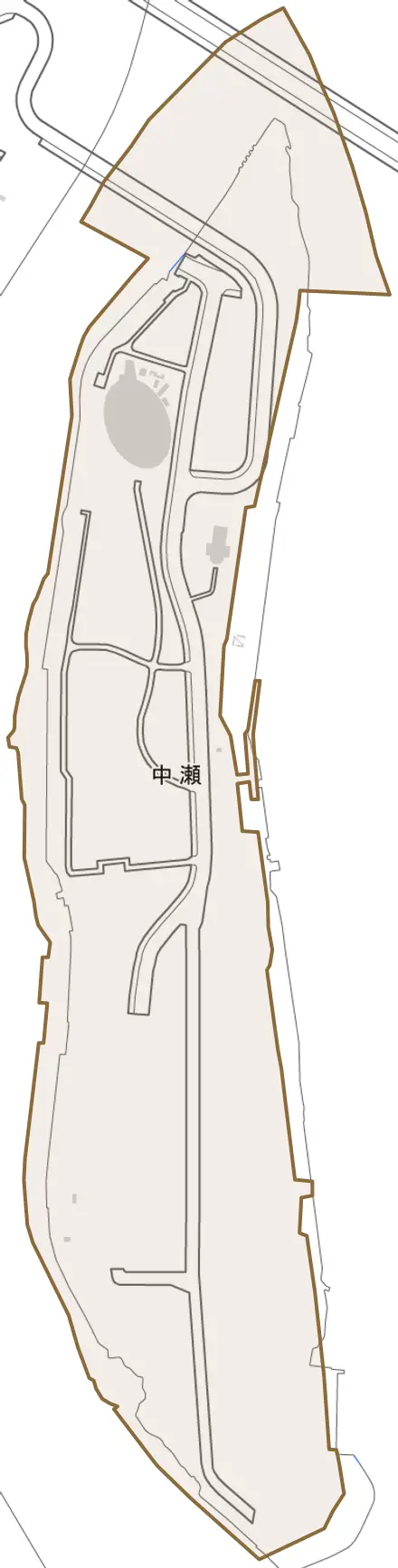 中瀬とその周辺の地図。町の範囲を重ねている