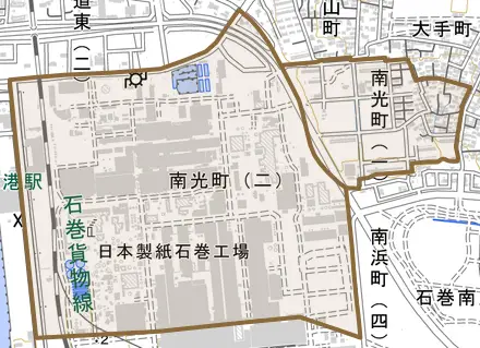南光町とその周辺の地図。町の範囲を重ねている