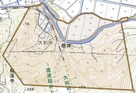 根岸とその周辺の地図。町の範囲を重ねている