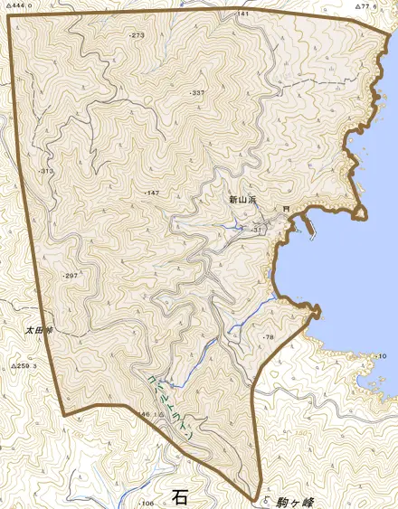 新山浜とその周辺の地図。町の範囲を重ねている