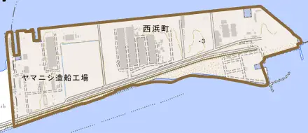 西浜町とその周辺の地図。町の範囲を重ねている