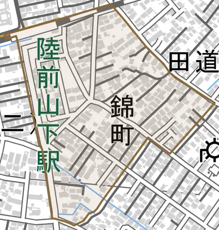 錦町とその周辺の地図。町の範囲を重ねている