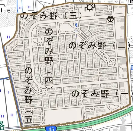 のぞみ野とその周辺の地図。町の範囲を重ねている