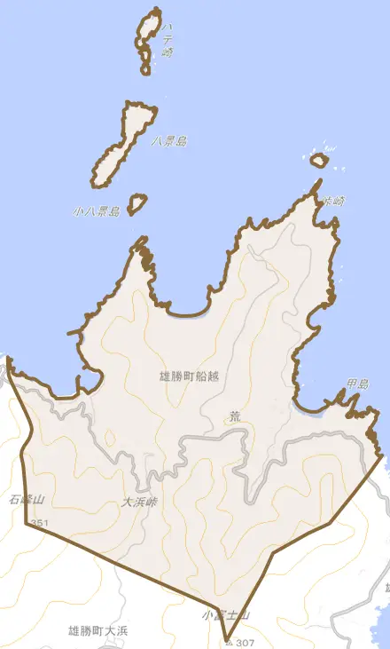 雄勝町船越とその周辺の地図。町の範囲を重ねている