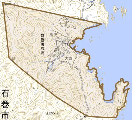 雄勝町熊沢とその周辺の地図。町の範囲を重ねている