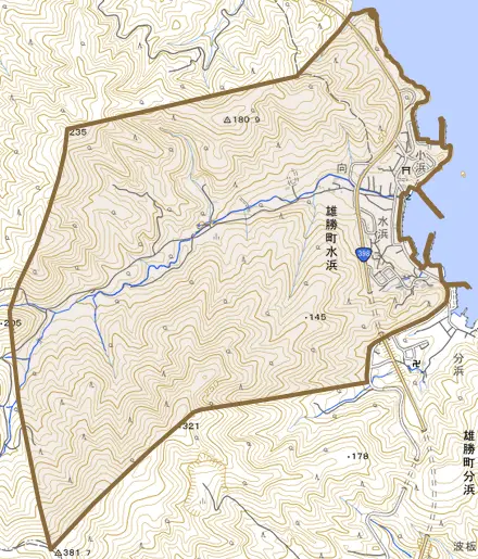 雄勝町水浜とその周辺の地図。町の範囲を重ねている