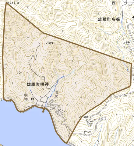 雄勝町明神とその周辺の地図。町の範囲を重ねている