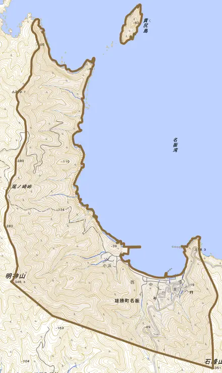 雄勝町名振とその周辺の地図。町の範囲を重ねている