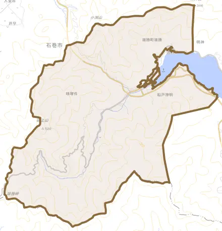雄勝町雄勝とその周辺の地図。町の範囲を重ねている