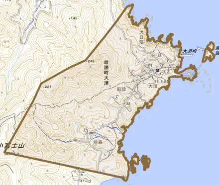 雄勝町大須とその周辺の地図。町の範囲を重ねている