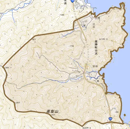 雄勝町分浜とその周辺の地図。町の範囲を重ねている