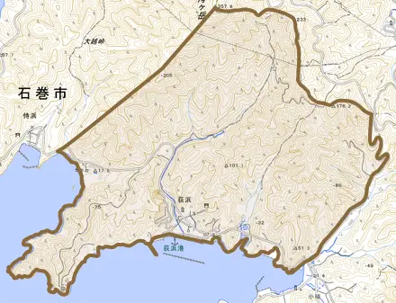 荻浜とその周辺の地図。町の範囲を重ねている
