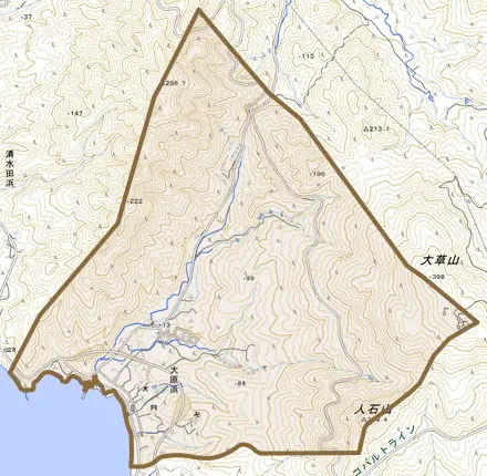 大原浜とその周辺の地図。町の範囲を重ねている