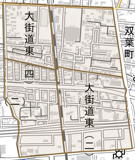 大街道東とその周辺の地図。町の範囲を重ねている