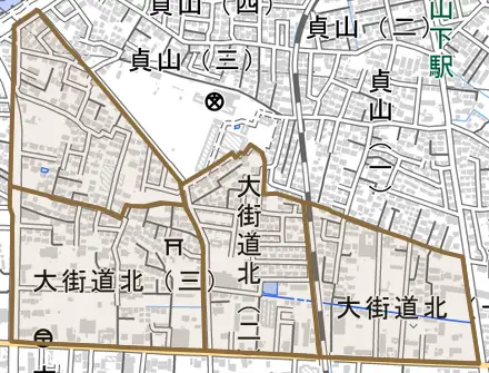 大街道北とその周辺の地図。町の範囲を重ねている