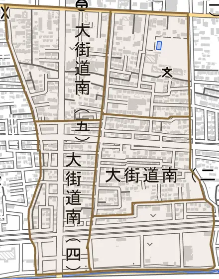 大街道南とその周辺の地図。町の範囲を重ねている