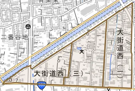 大街道西とその周辺の地図。町の範囲を重ねている