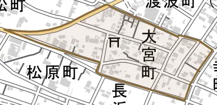 大宮町とその周辺の地図。町の範囲を重ねている