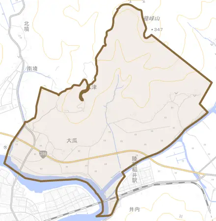 大瓜とその周辺の地図。町の範囲を重ねている