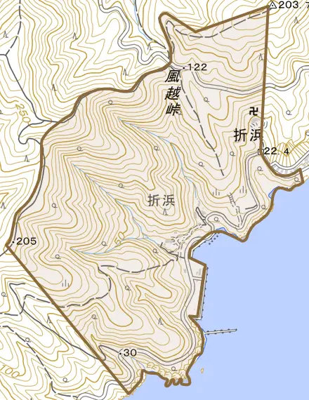 折浜とその周辺の地図。町の範囲を重ねている