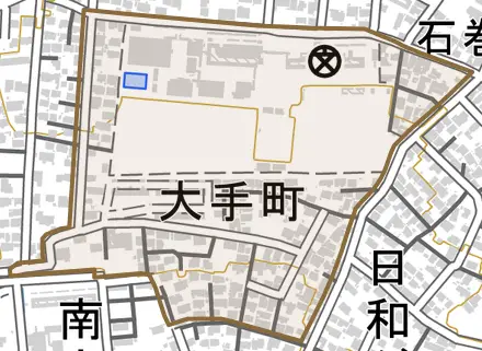 大手町とその周辺の地図。町の範囲を重ねている