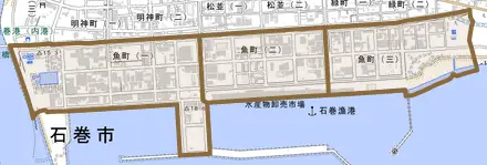 魚町とその周辺の地図。町の範囲を重ねている