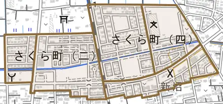 さくら町とその周辺の地図。町の範囲を重ねている